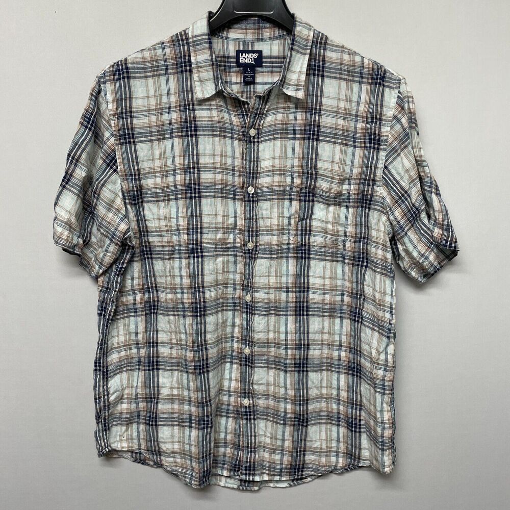 Lands' End Men Short Sleeve Button Shirt Top Size Large Traditional Fit B340 -28